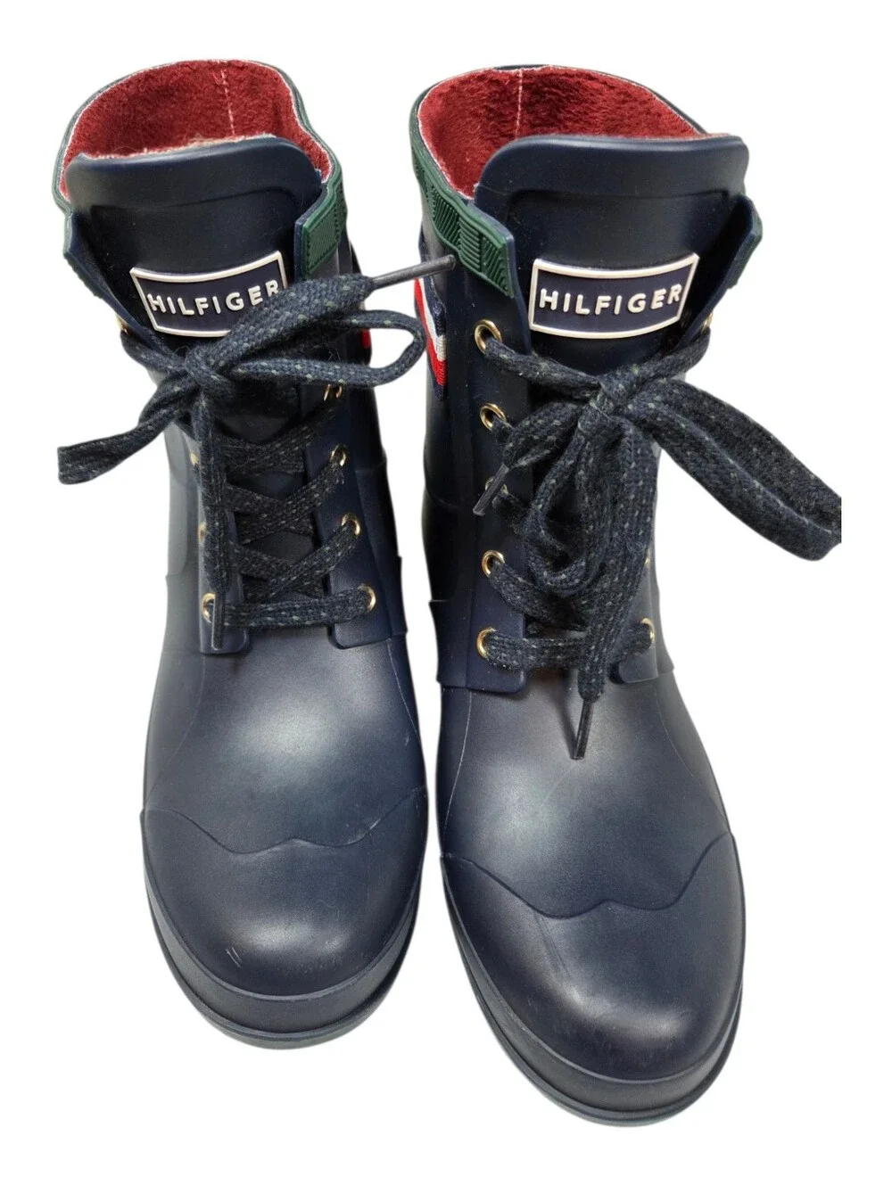 Tommy Hilfiger Navy Blue Rain Boots w/Red Faux Fur Lining Slip On Size 8